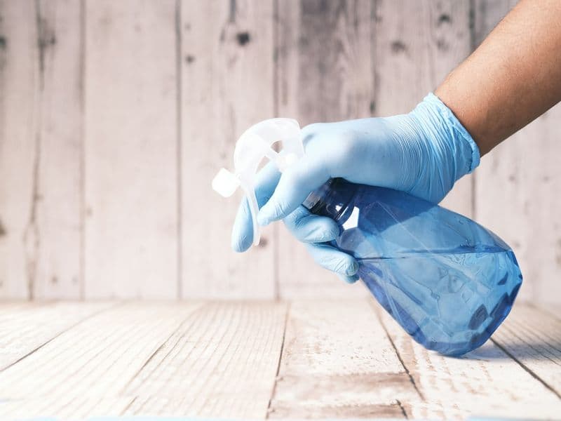 Deep cleaning a wooden floor with spray and gloves